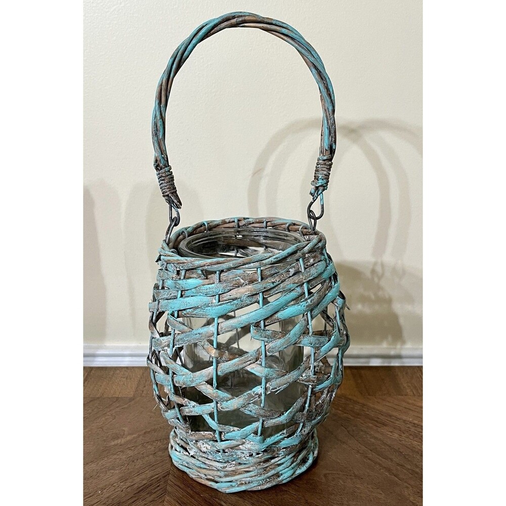 Seaside Woven Basket Glass Candle Holder Lantern Turquoise Blue Handmade Beachy